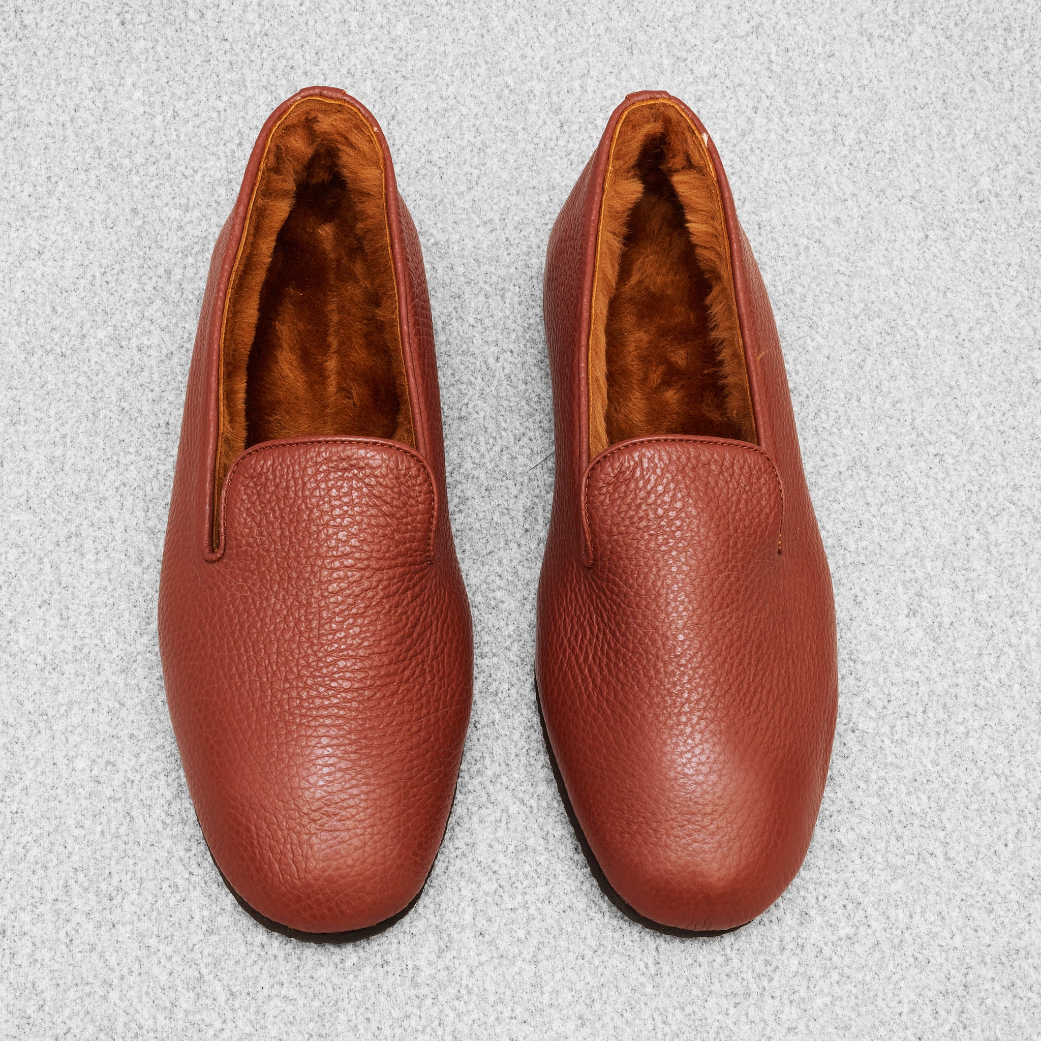Brown - Fur-Lined Slippers - Grained Leather