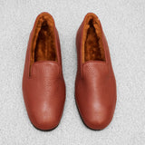 Brown - Fur-Lined Slippers - Grained Leather