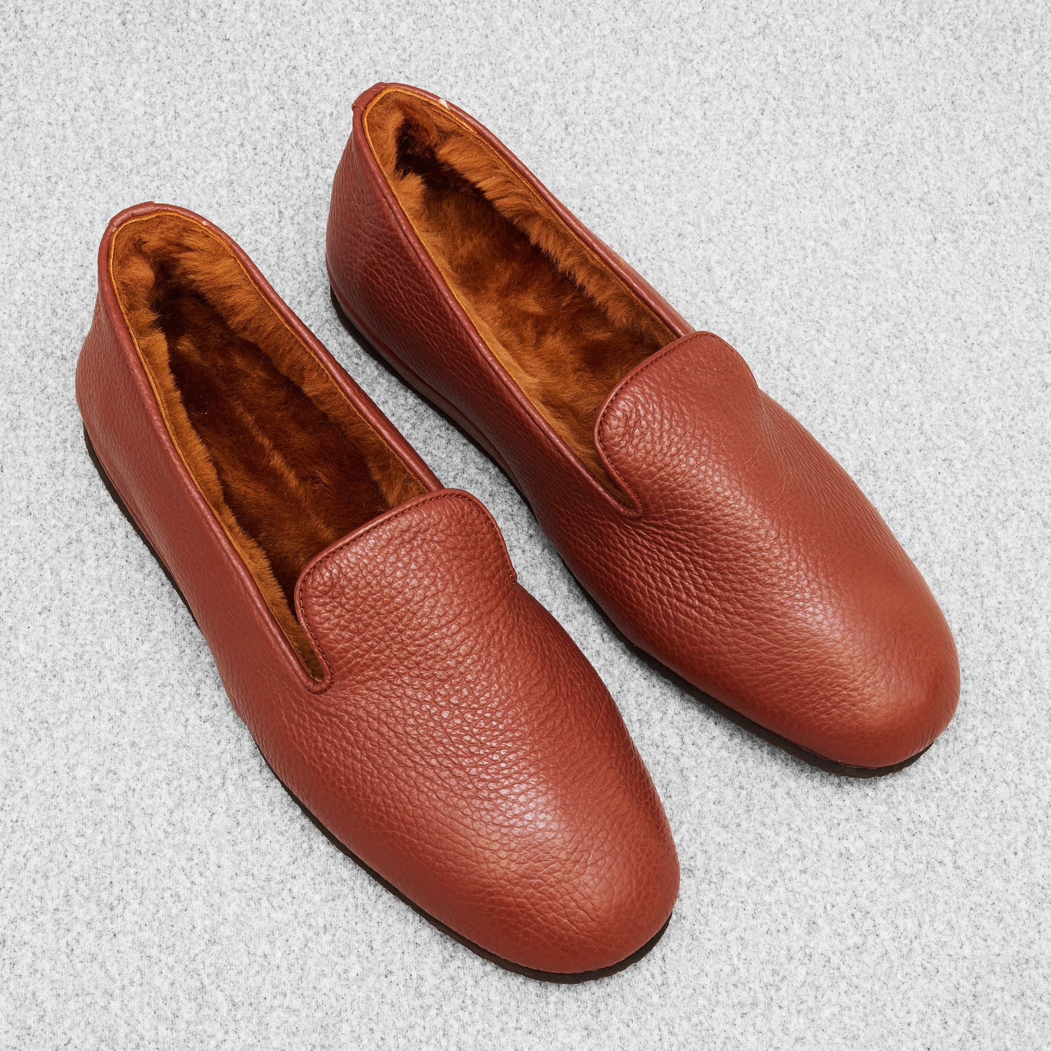 Brown - Fur-Lined Slippers - Grained Leather
