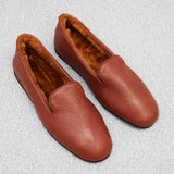 Brown - Fur-Lined Slippers - Grained Leather