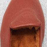 Brown - Fur-Lined Slippers - Grained Leather