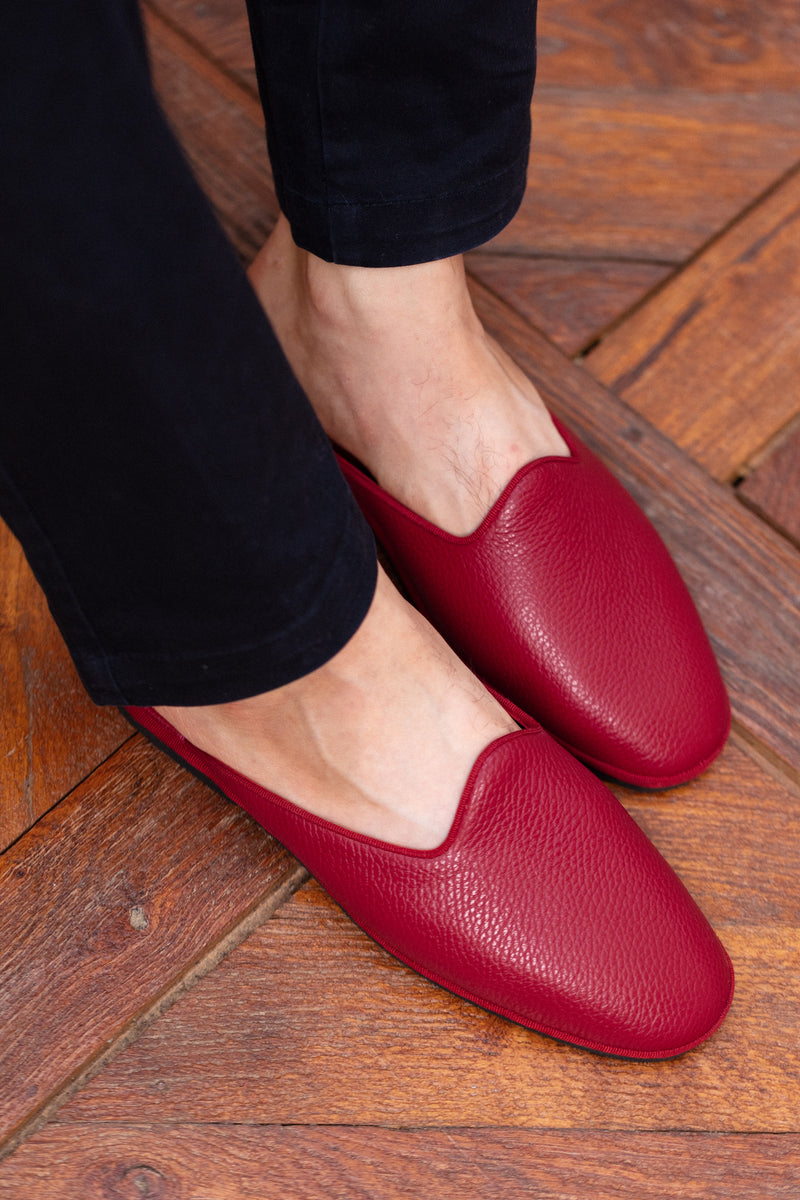 Red - Backless Slippers - Grained Leather