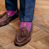 Chaussettes prune au motif unica en 85% coton bio,10% nylon, 5% élasthanne. Mi-mollet (courtes) pour homme, de la marque Mazarin. Fines et légères. Pointures : du 40 au 45