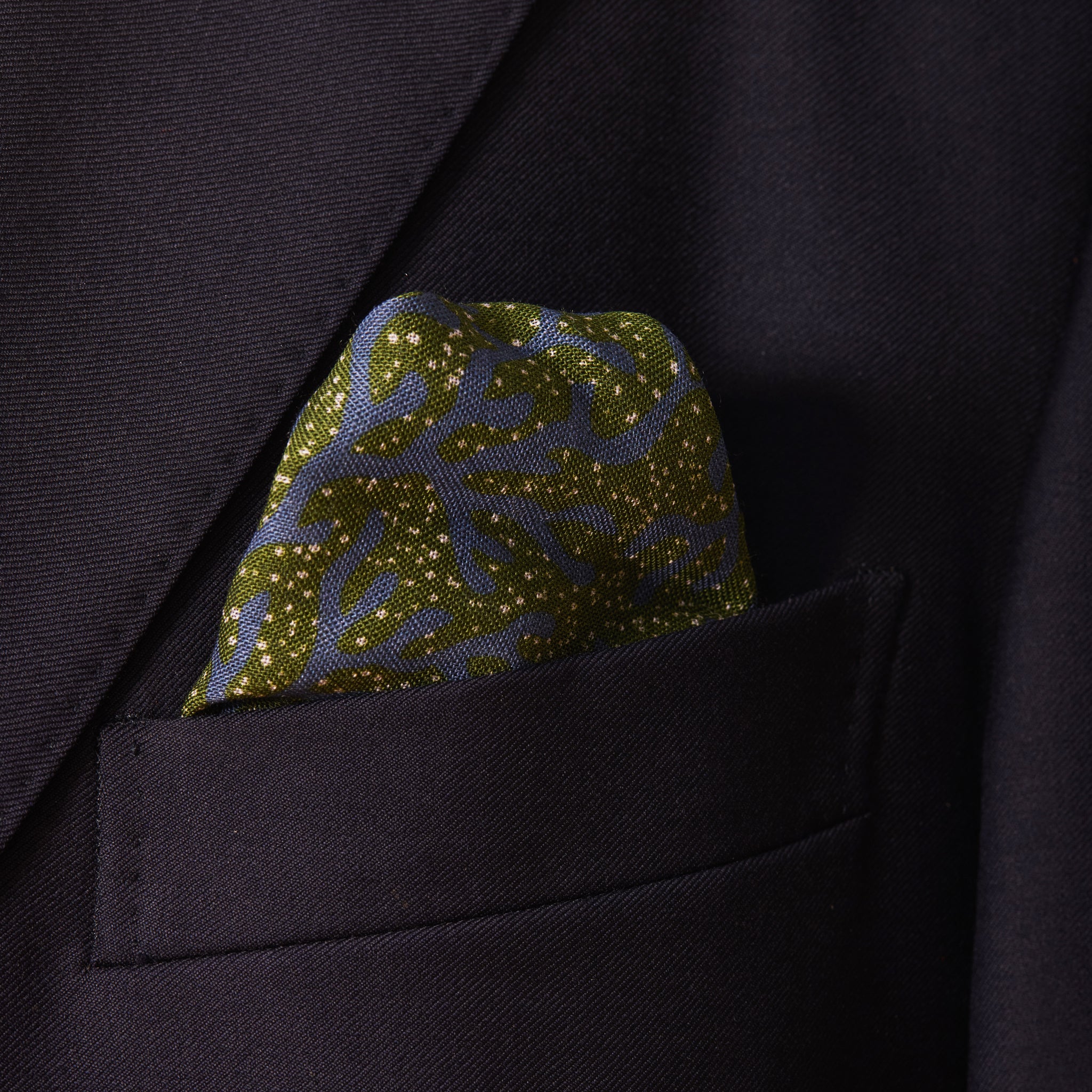 Blue & Green Pocket Square – Coral Pattern – Wool & Silk