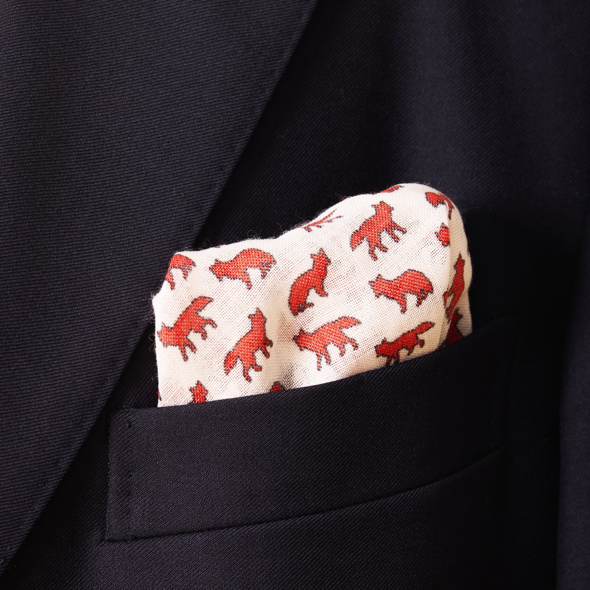 Snow White & Red Pocket Square – Fox Pattern – Wool & Silk