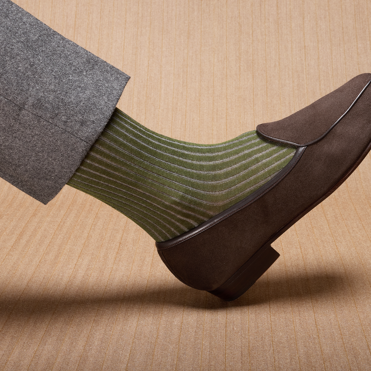 Khaki green and light grey striped cotton lisle socks Mes Chaussettes Rouges Khaki green and light grey striped cotton lisle socks Mes Chaussettes Rouges