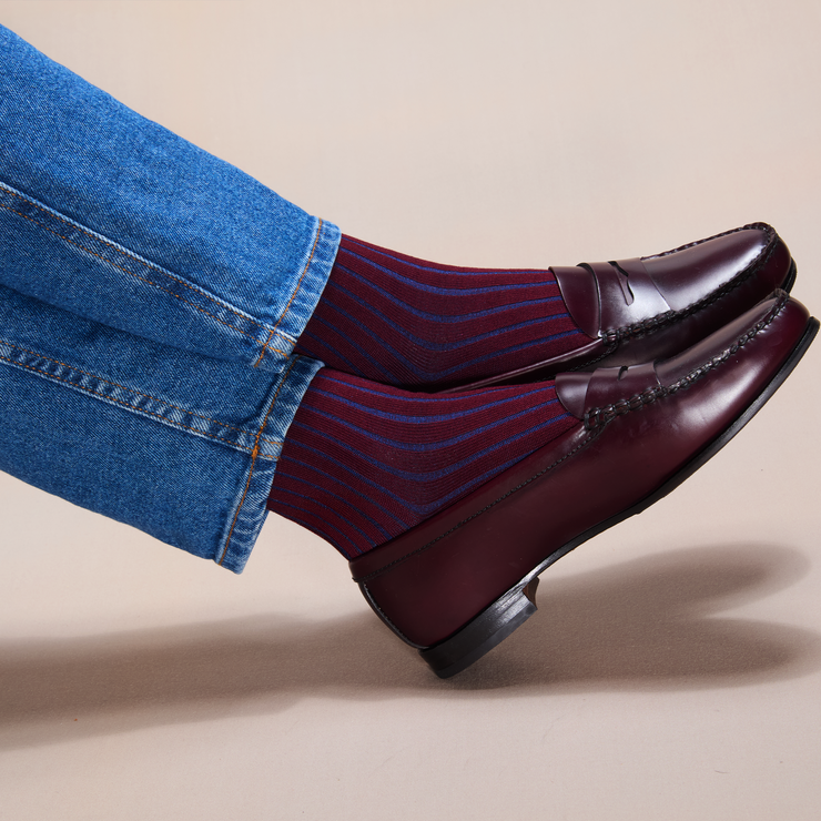 Striped knee-high socks, burgundy & blue