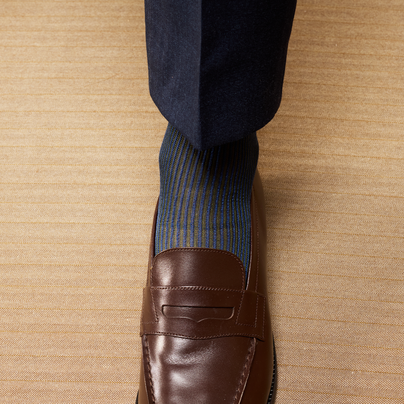 ミッドナイトブルー＆カーキ – デッキチェアストライプ – コットンリスル