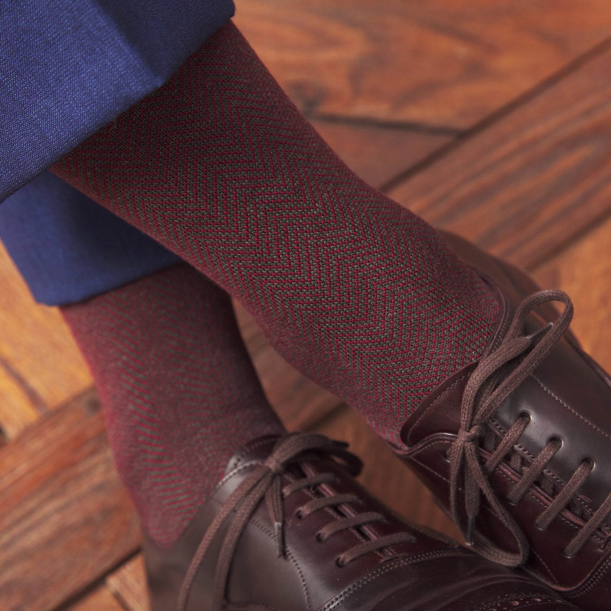 Khaki & Bordeaux - Fischgrätenmuster - Super-Solid Fil d'Écosse Baumwolle