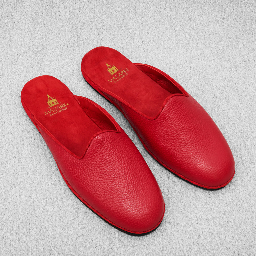 Pantoufles ouvertes rouges pour homme en cuir grainé Mazarin