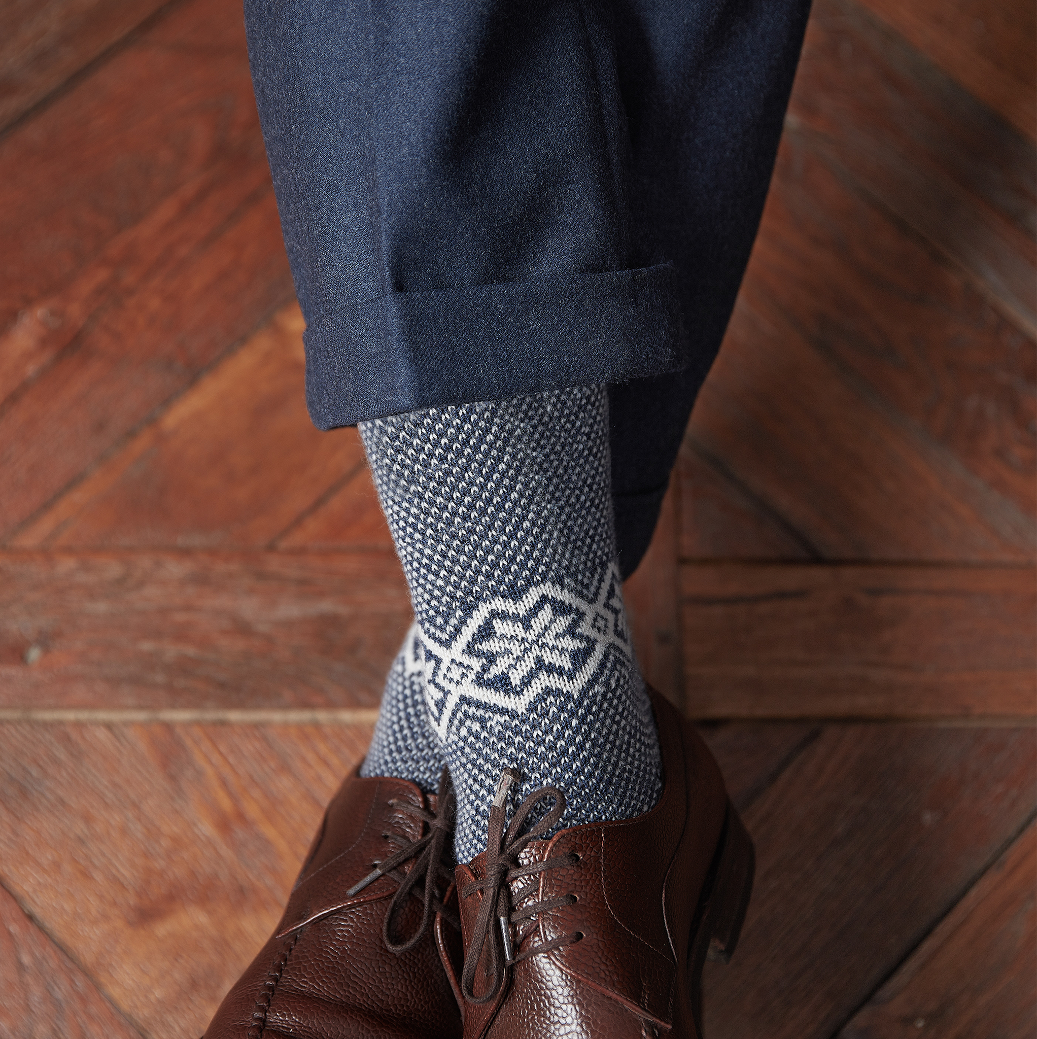 Marineblau & Beige - Norwegermuster Bison-Serie - Wolle