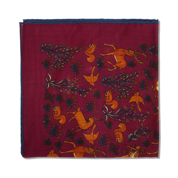 Pochette bordeaux & bleu - Motif Animaux - Laine & Soie