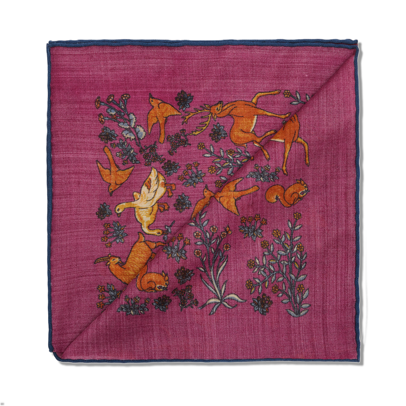 Pochette bordeaux & bleu - Motif Animaux - Laine & Soie