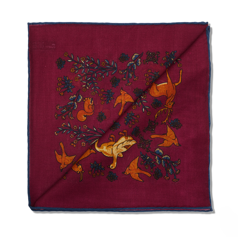 Pochette bordeaux & bleu - Motif Animaux - Laine & Soie