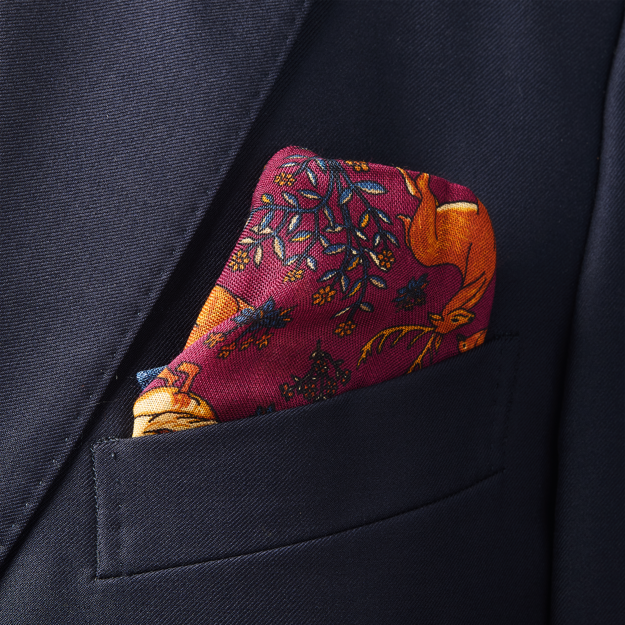Burgundy & Blue Pocket Square – Animal Pattern – Wool & Silk