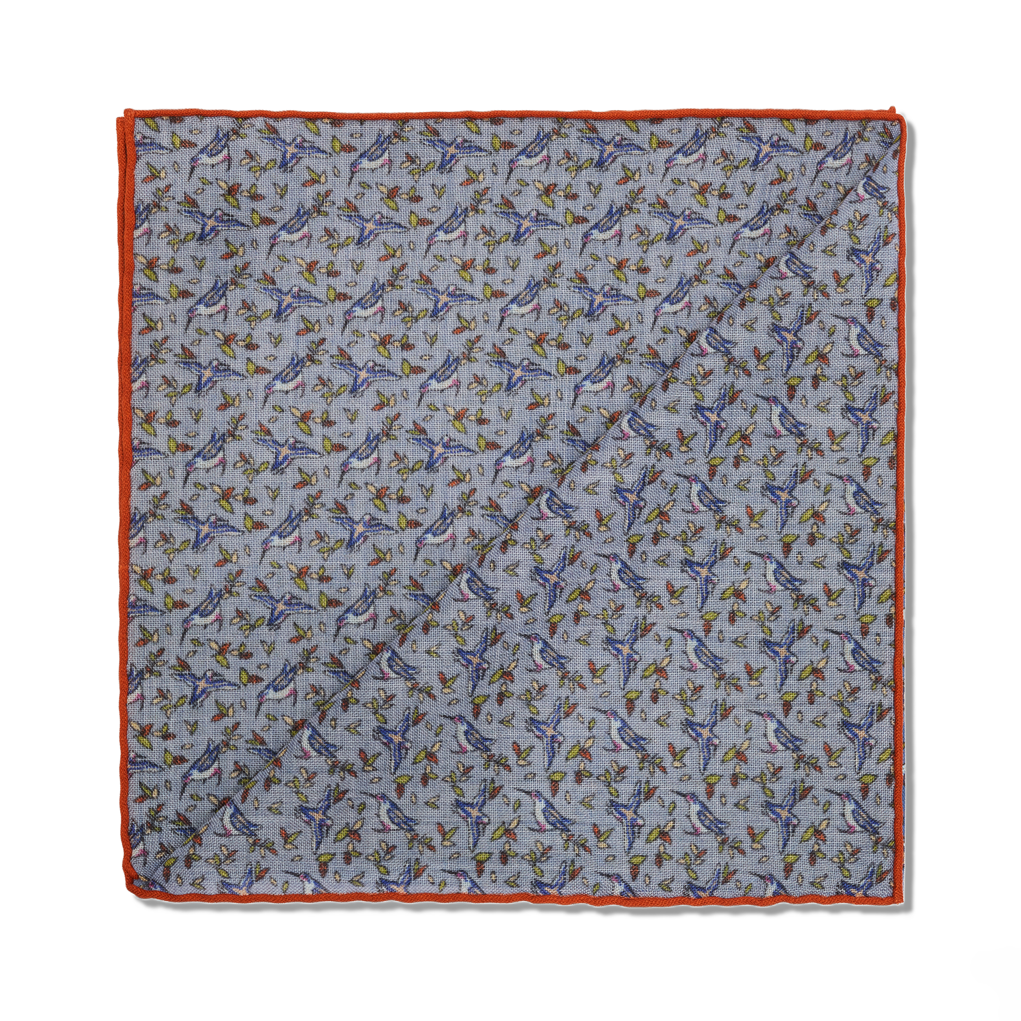 Einstecktuch Himmelblau & Orange - Vogelmotiv - Wolle & Seide