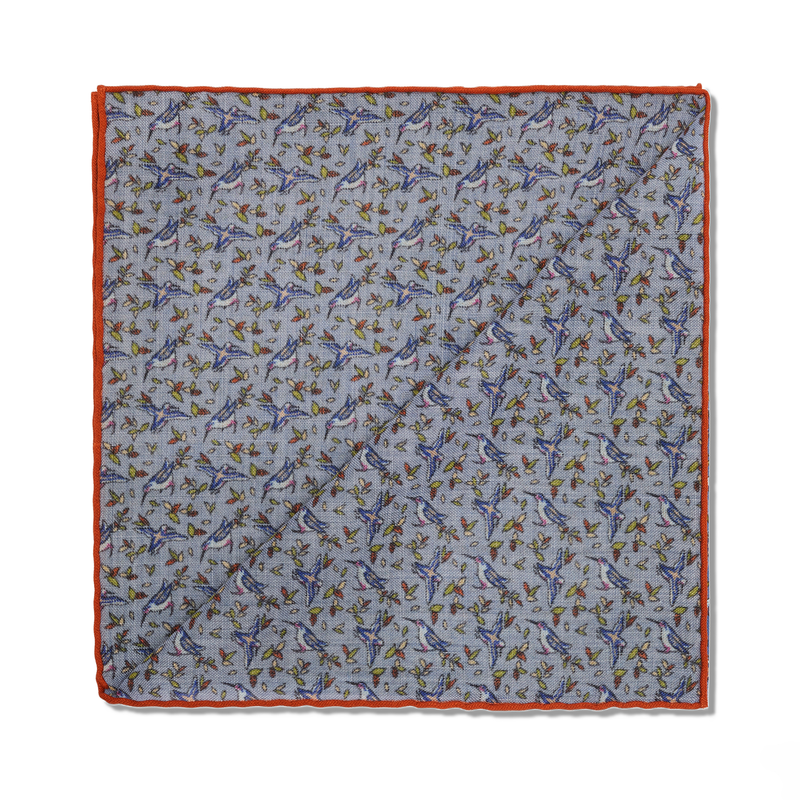 Pochette bleu ciel & orange - Motif Oiseaux - Laine & Soie