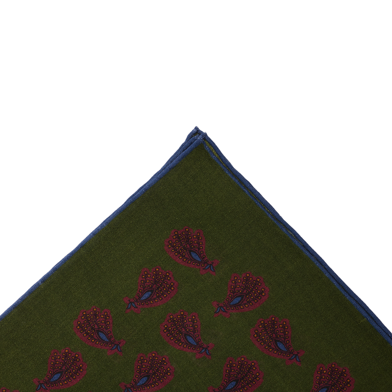 Pochette vert kaki & bordeaux & bleu - Motif Paisley - Laine & Soie