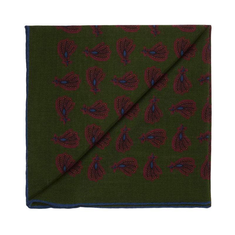 Pochette vert kaki & bordeaux & bleu - Motif Paisley - Laine & Soie