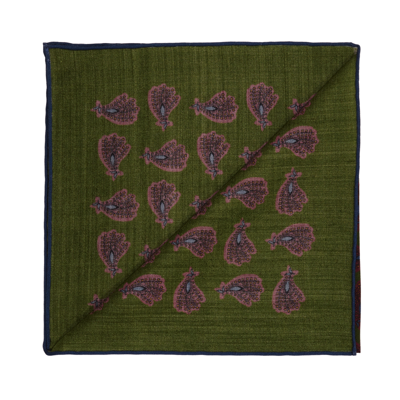 Pochette vert kaki & bordeaux & bleu - Motif Paisley - Laine & Soie