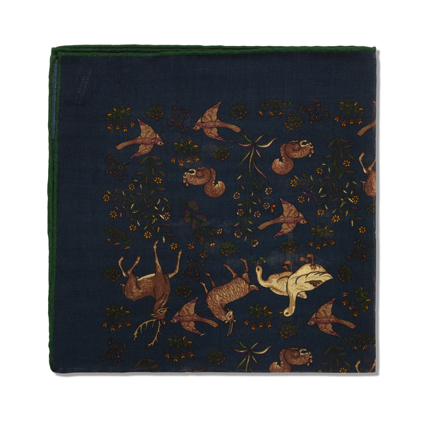 Pochette marine & vert - Motif Animaux - Laine & Soie