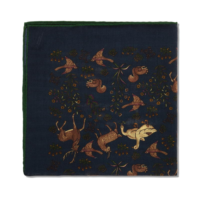 Pochette marine & vert - Motif Animaux - Laine & Soie