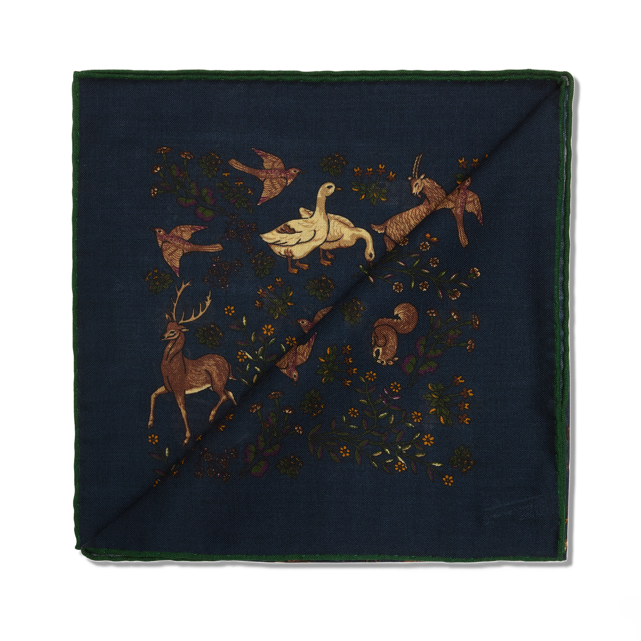 Einstecktuch Marineblau & Grün - Tiermotiv - Wolle & Seide