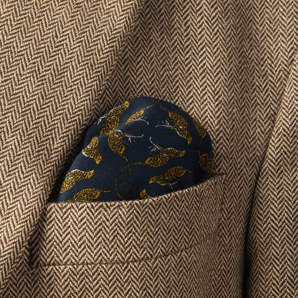 Pochette bleu nuit & jaune - Motif Animaux - Laine & Soie