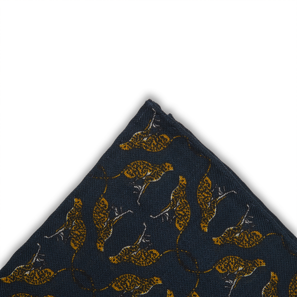 Pochette bleu nuit & jaune - Motif Animaux - Laine & Soie