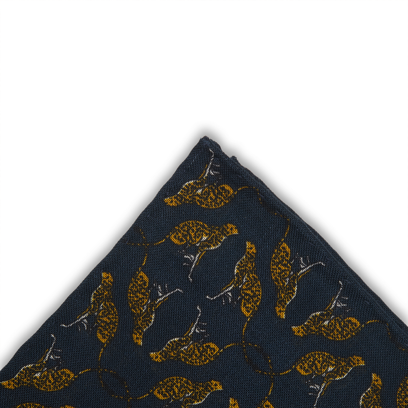 Pochette bleu nuit & jaune - Motif Animaux - Laine & Soie