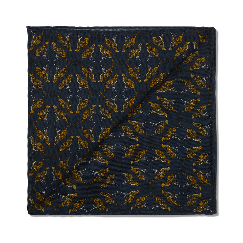 Pochette bleu nuit & jaune - Motif Animaux - Laine & Soie