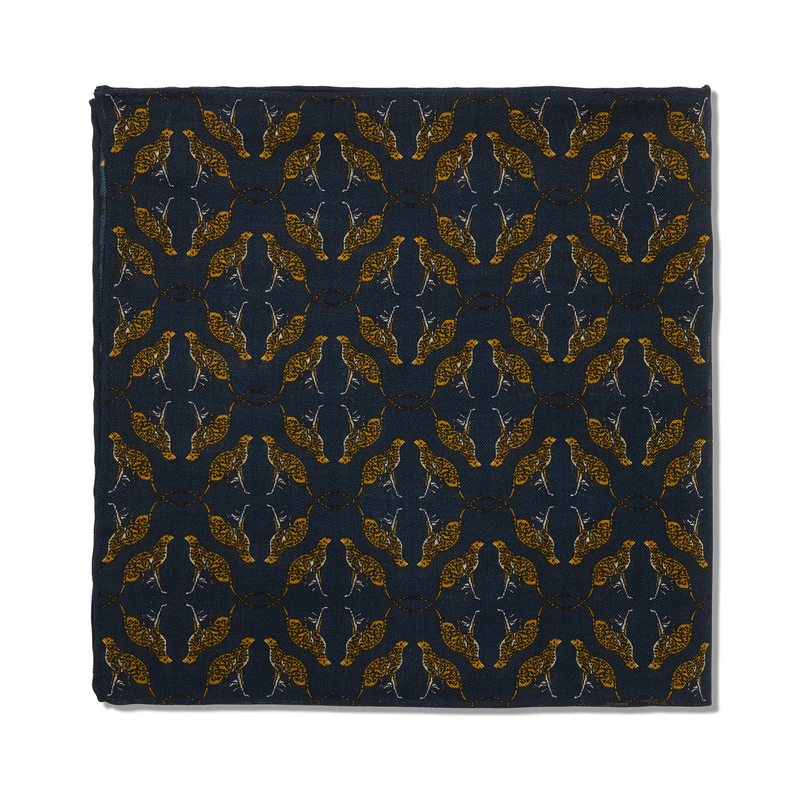 Pochette bleu nuit & jaune - Motif Animaux - Laine & Soie
