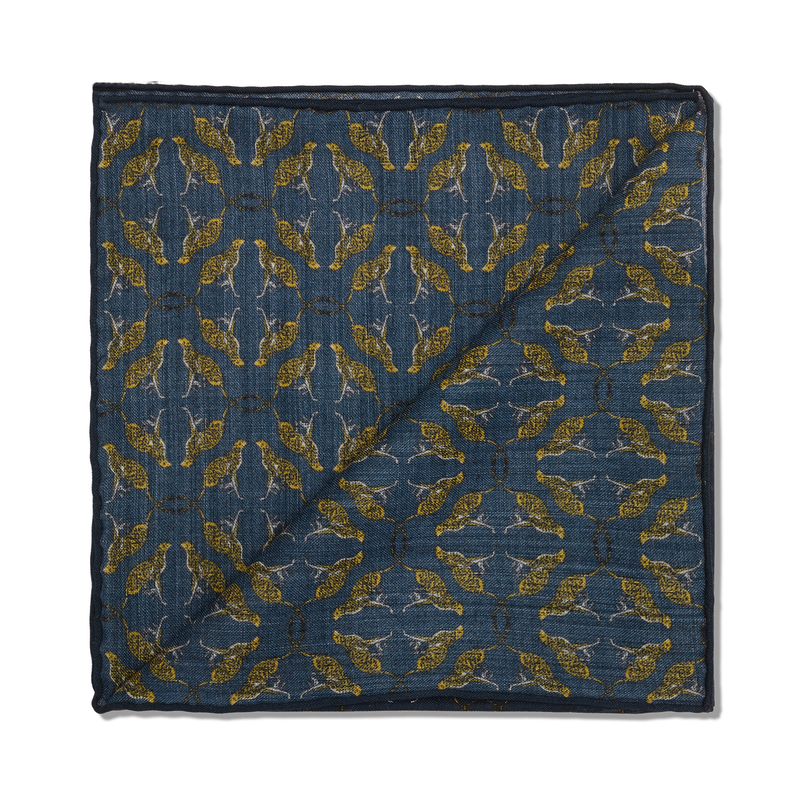Pochette bleu nuit & jaune - Motif Animaux - Laine & Soie