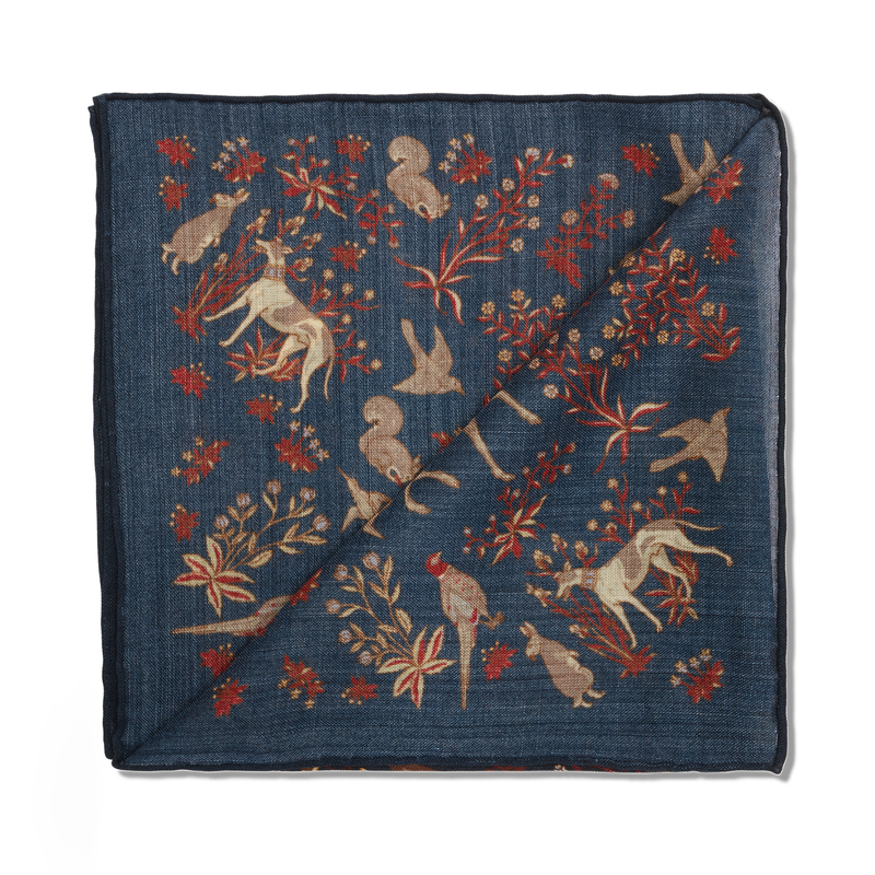 Pochette bleu nuit & marron - Motif Animaux - Laine & Soie