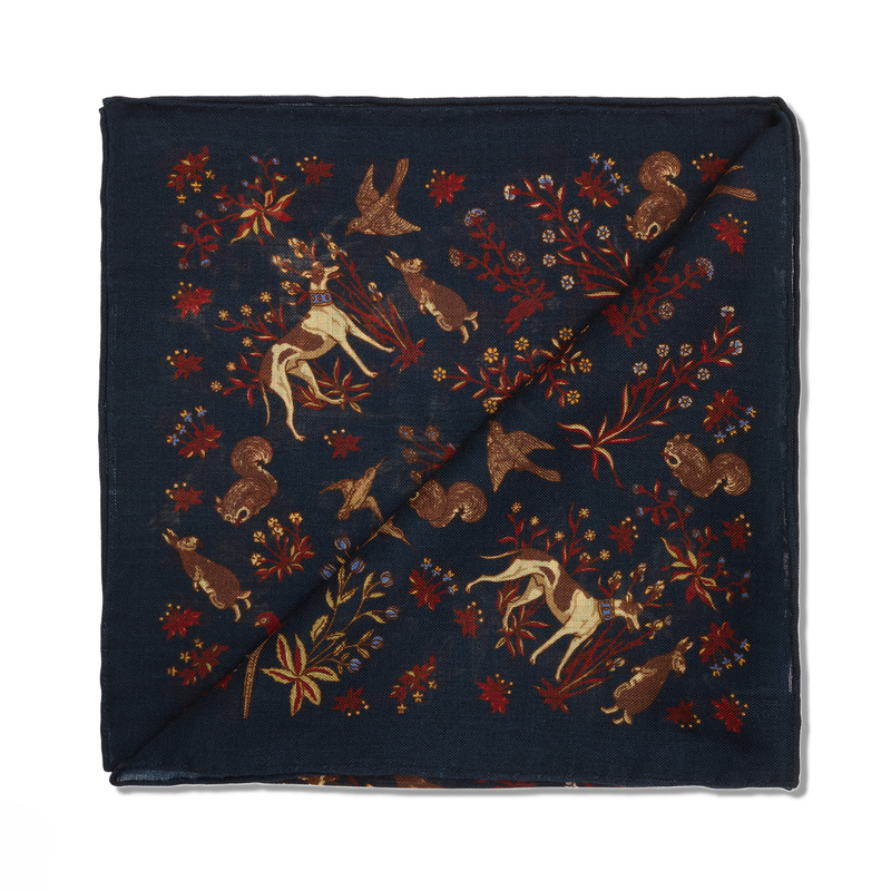 Pochette bleu nuit & marron - Motif Animaux - Laine & Soie