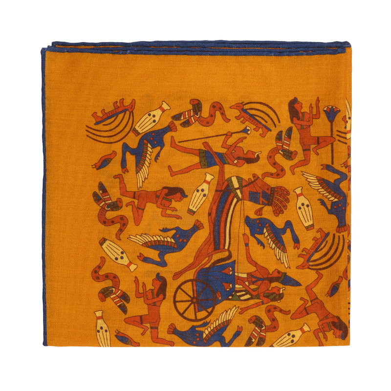 Pochette Ocre & Bleu - Motif Égypte antique - Laine & Soie