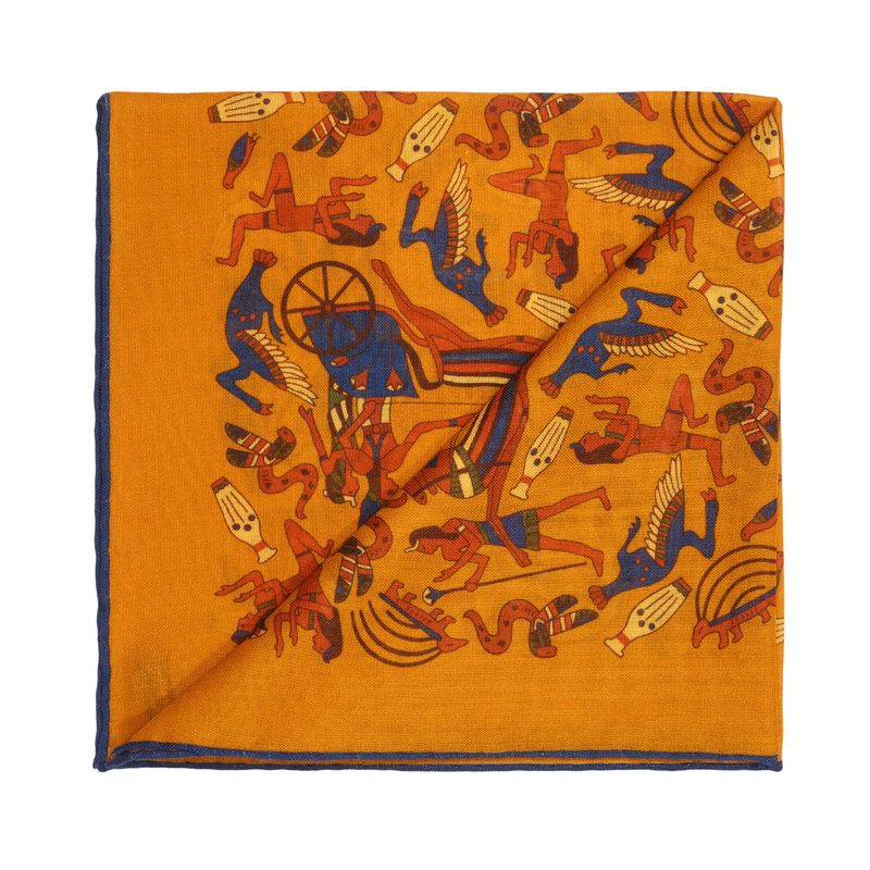Pochette Ocre & Bleu - Motif Égypte antique - Laine & Soie