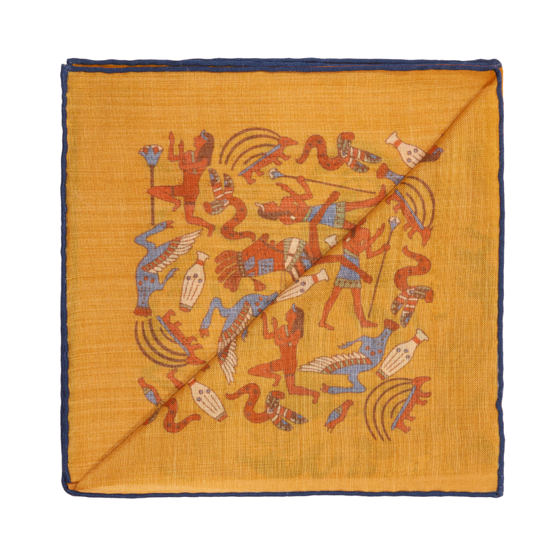 Pochette Ocre & Bleu - Motif Égypte antique - Laine & Soie