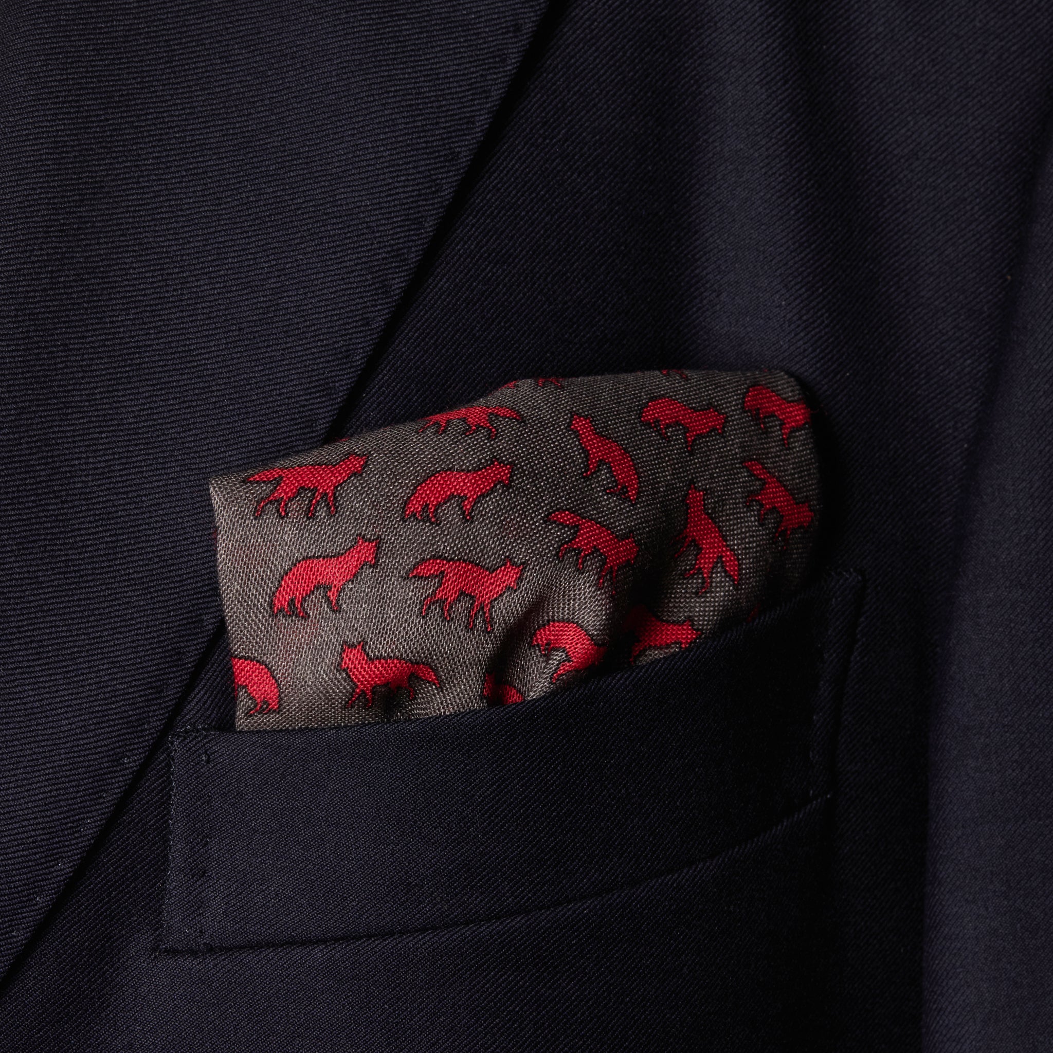 Grey & Red Pocket Square – Fox Pattern – Wool & Silk