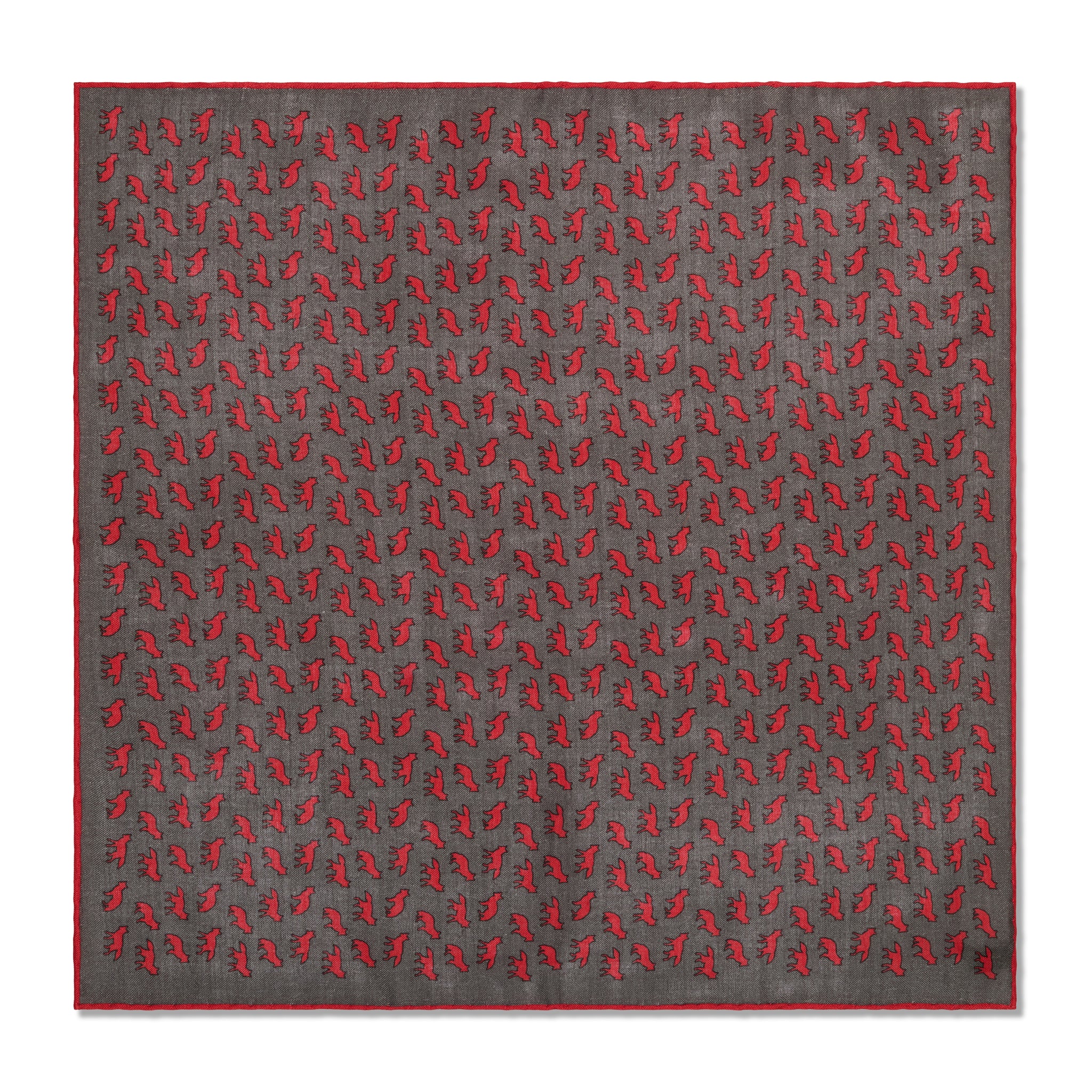 Grey & Red Pocket Square – Fox Pattern – Wool & Silk