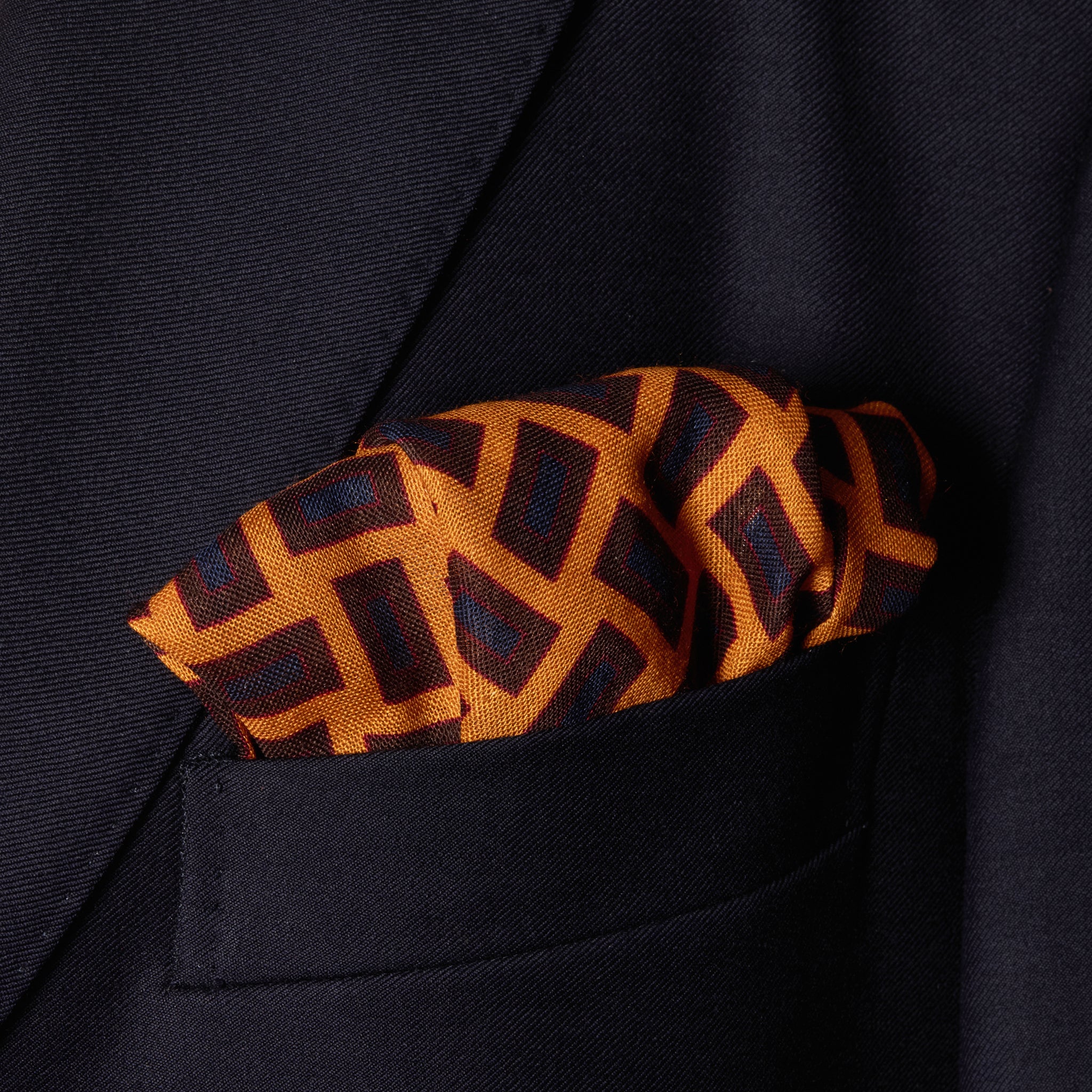 Ochre, Brown & Blue Pocket Square – Rectangle Pattern – Wool & Silk