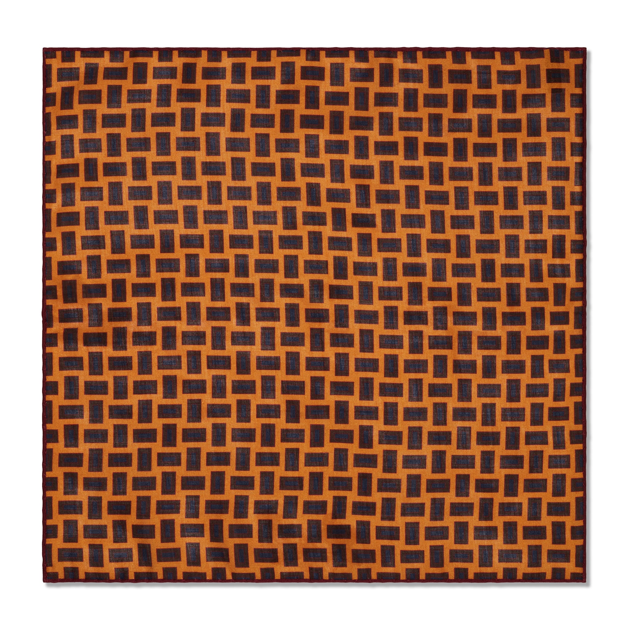 Ochre, Brown & Blue Pocket Square – Rectangle Pattern – Wool & Silk