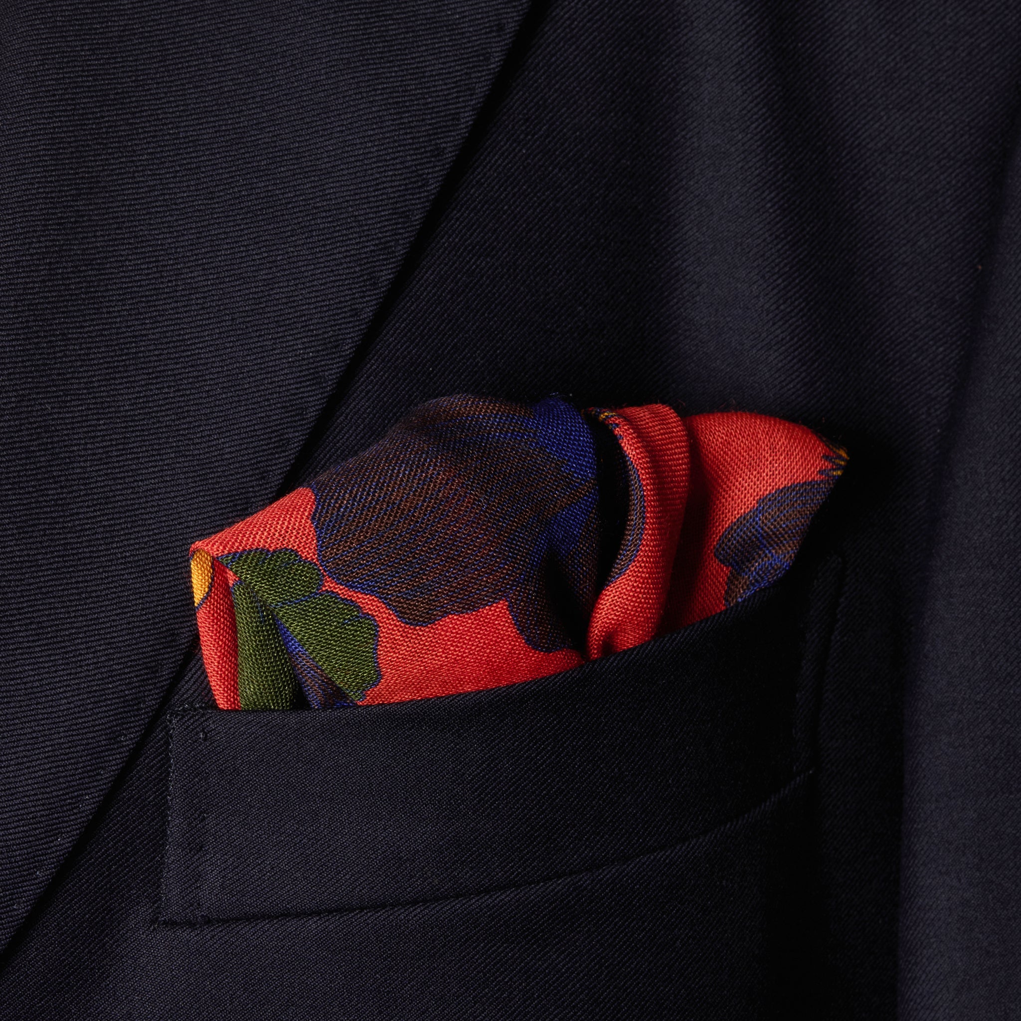 Orange & Khaki Pocket Square – Art Nouveau Pattern – Wool & Silk