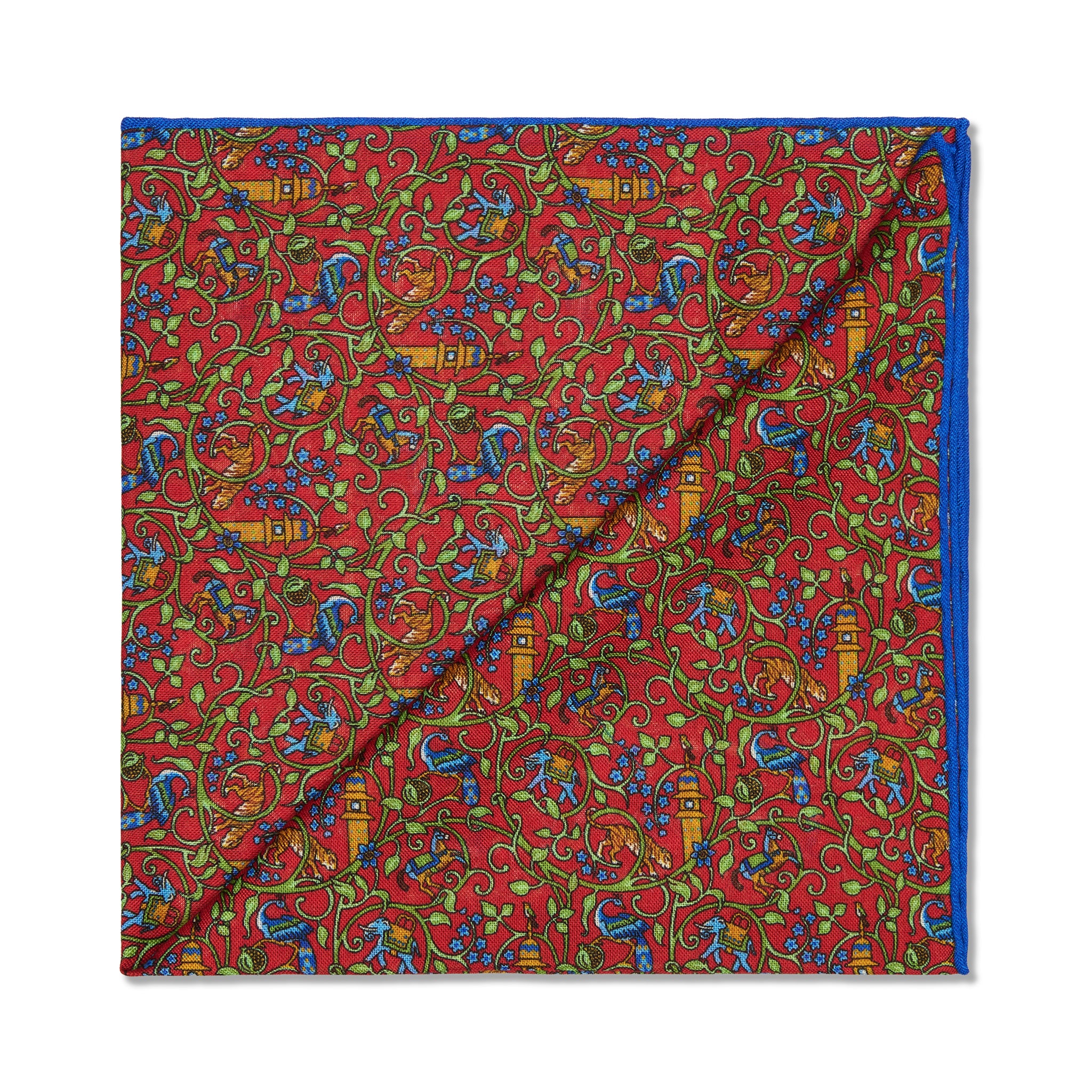 Einstecktuch Rot, Königsblau & Khaki – Bengal-Muster – Wolle & Seide