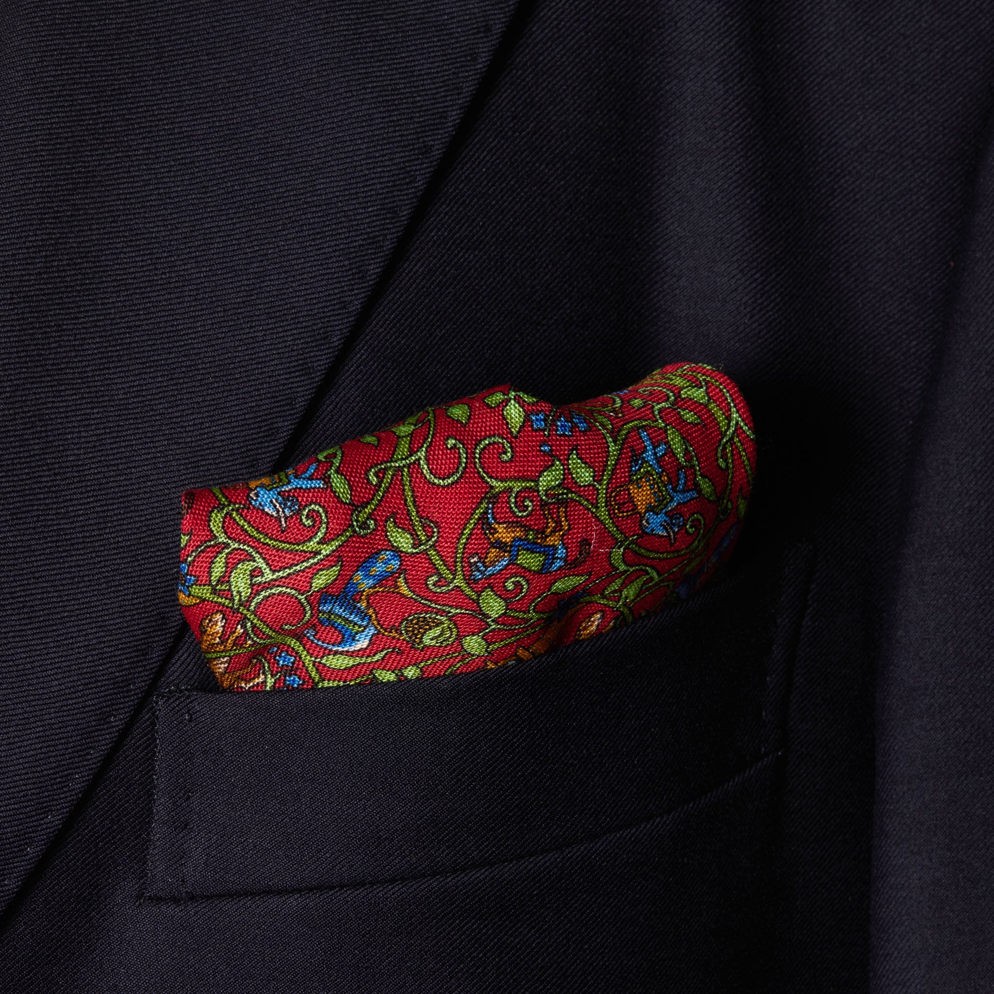Red, Royal Blue & Khaki Pocket Square – Bengal Pattern – Wool & Silk