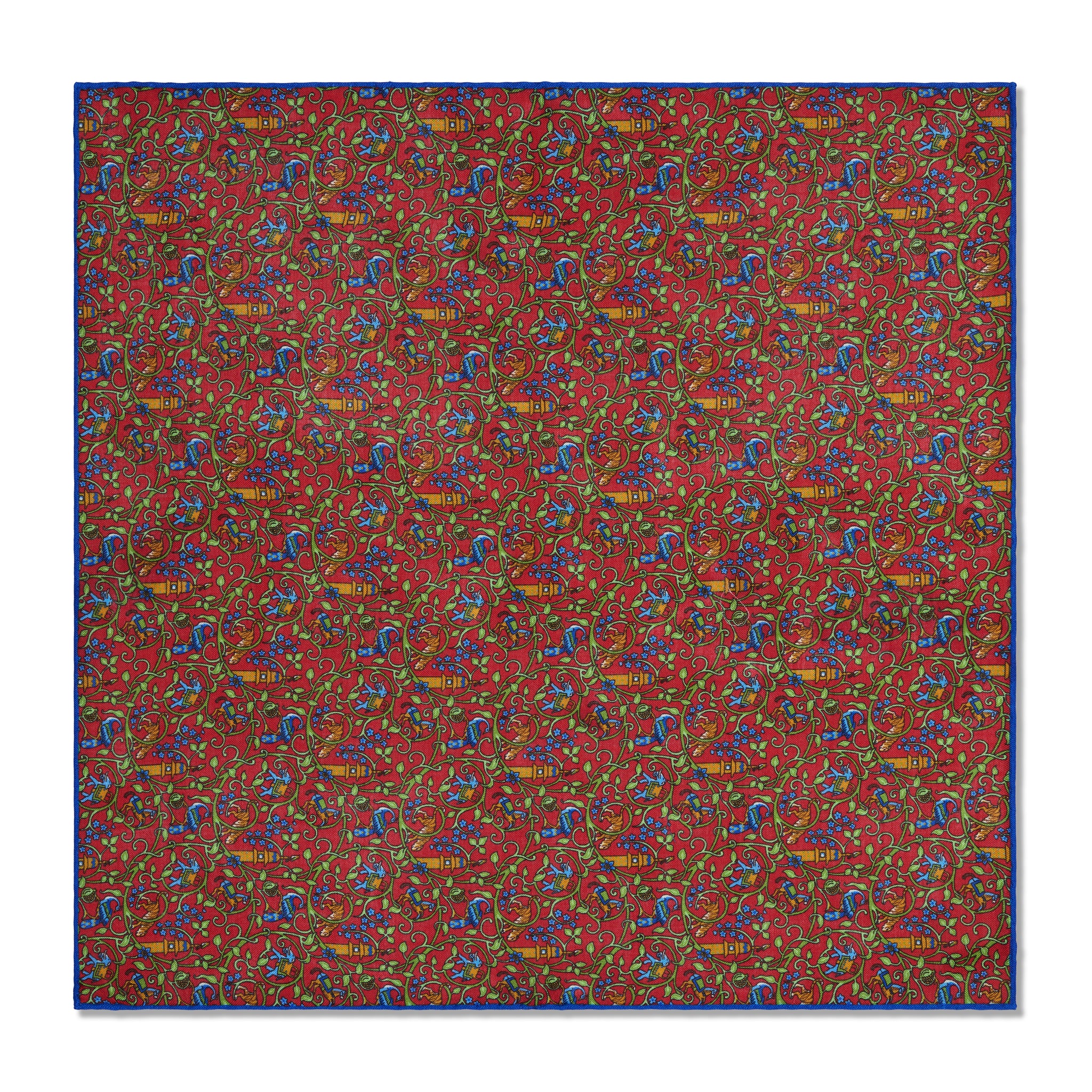 Red, Royal Blue & Khaki Pocket Square – Bengal Pattern – Wool & Silk