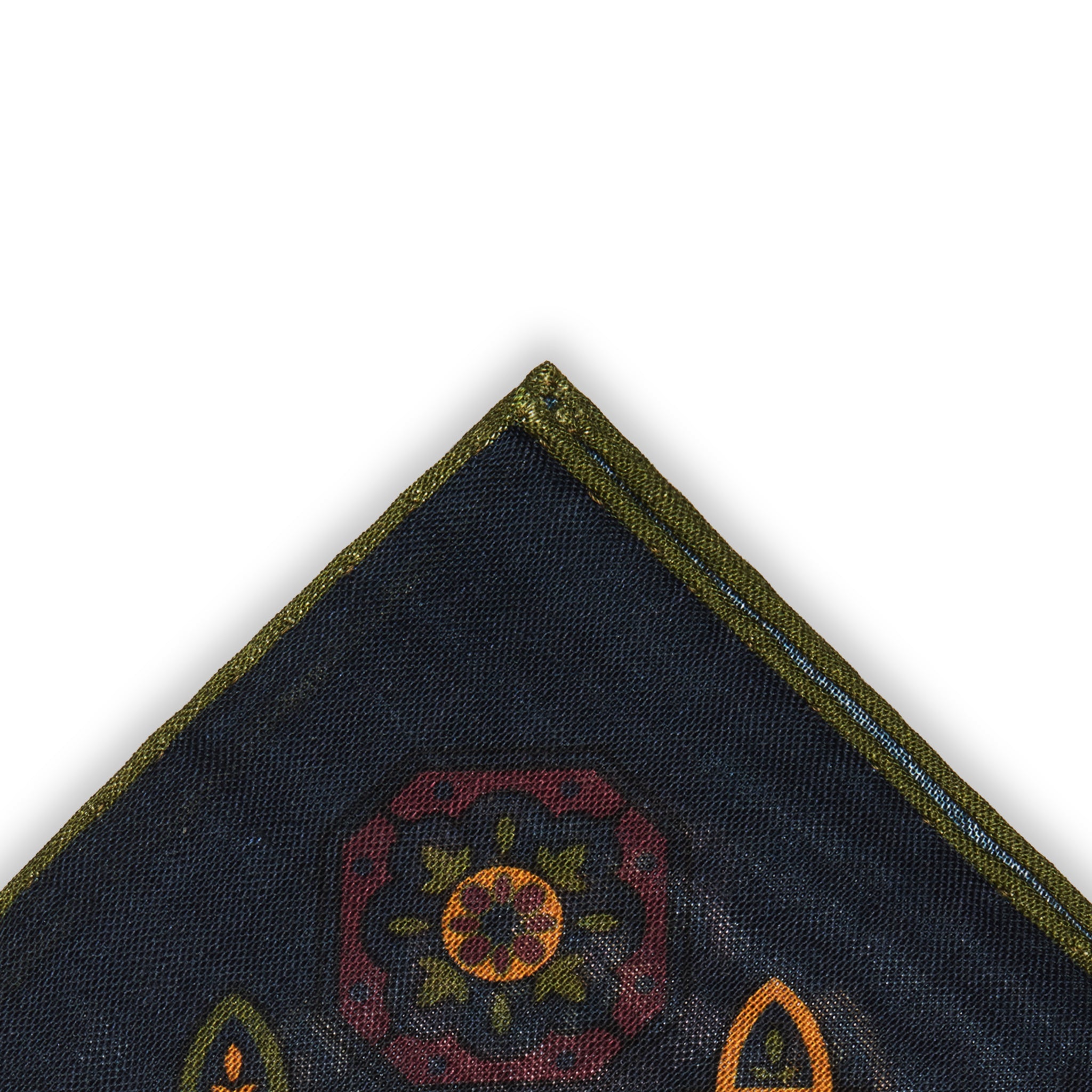 Einstecktuch Marineblau, Oliv & Gelb – Blumenmuster – Wolle & Seide