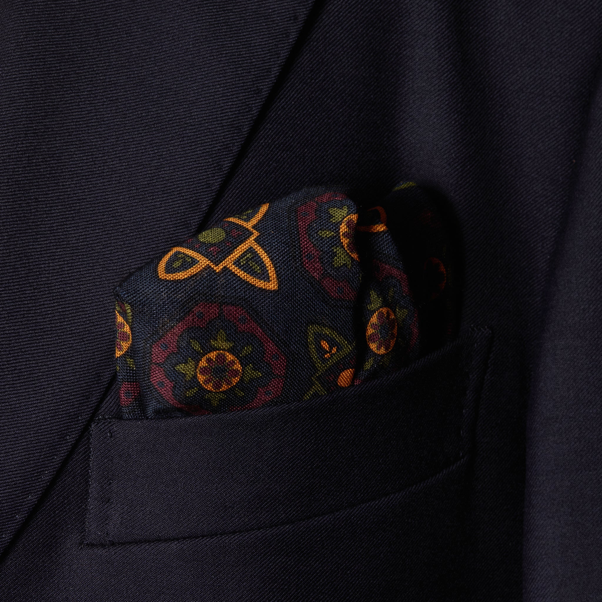 Navy, Olive & Yellow Pocket Square – Floral Pattern – Wool & Silk