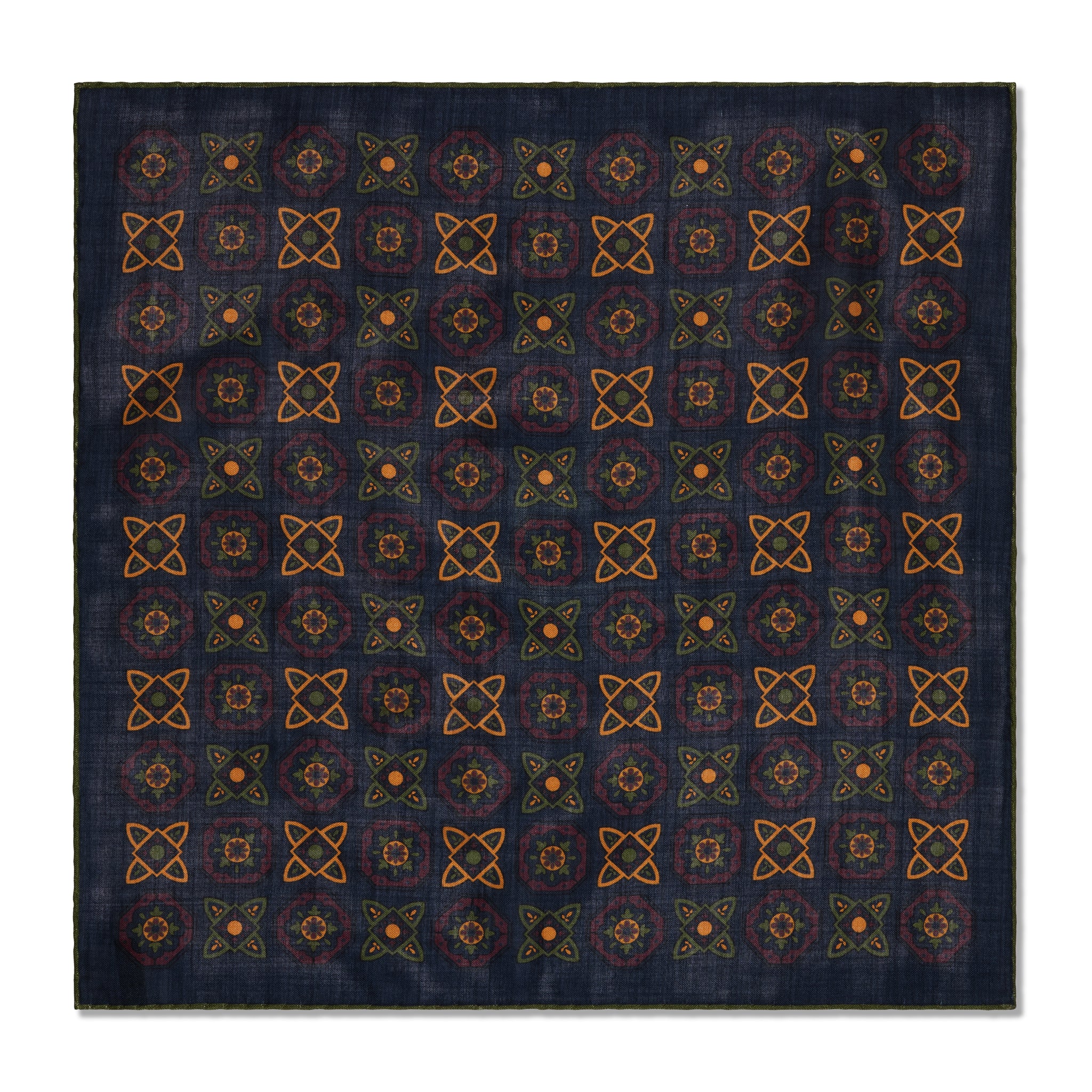 Navy, Olive & Yellow Pocket Square – Floral Pattern – Wool & Silk