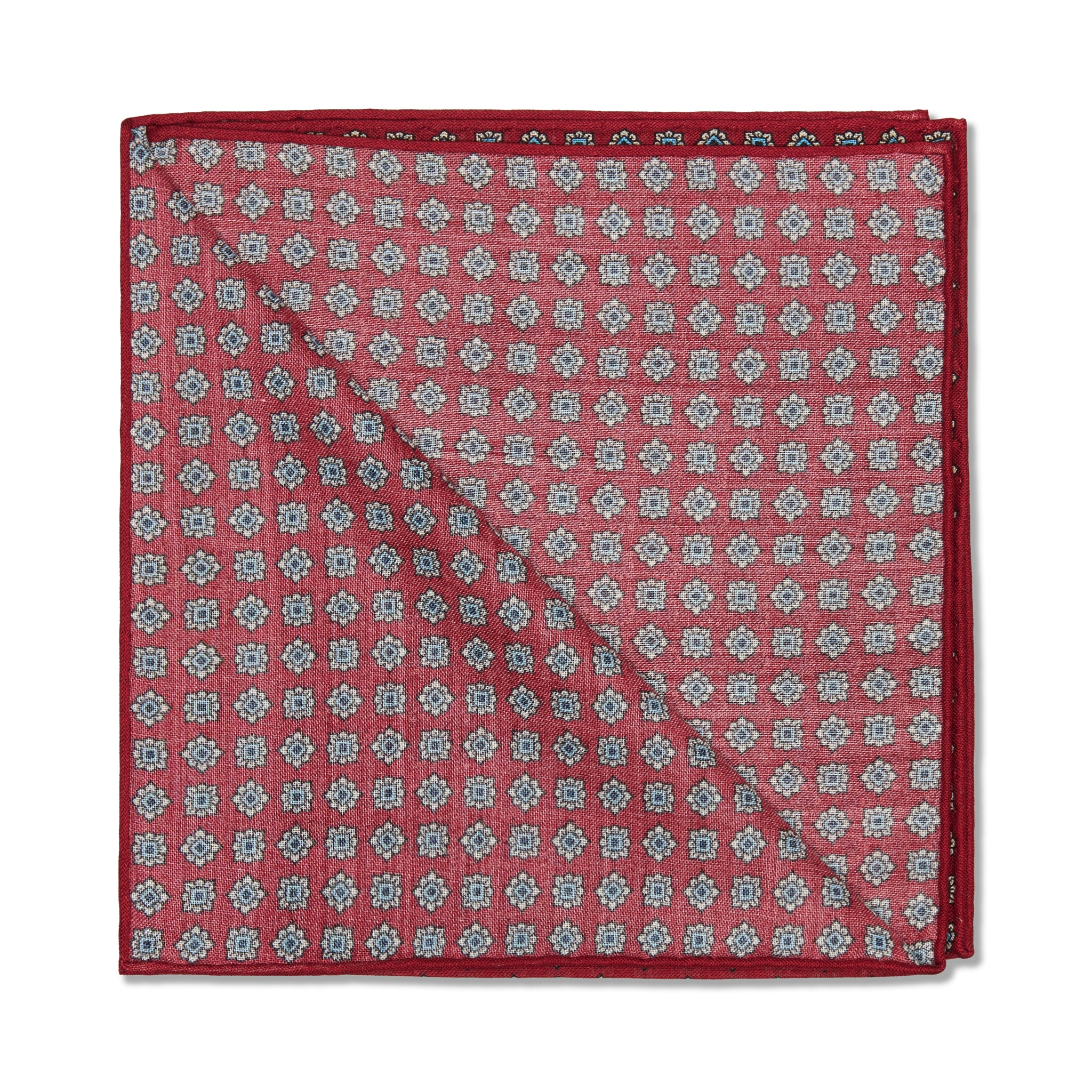 Pochette Rouge framboise, bleu ciel et blanc - Motif Floral - Laine & Soie